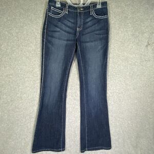 Wrangler Rock 47 Jeans Sz 7/8x34 Dark Wash Low Rise Bootcut Bling Pocket Cowgirl